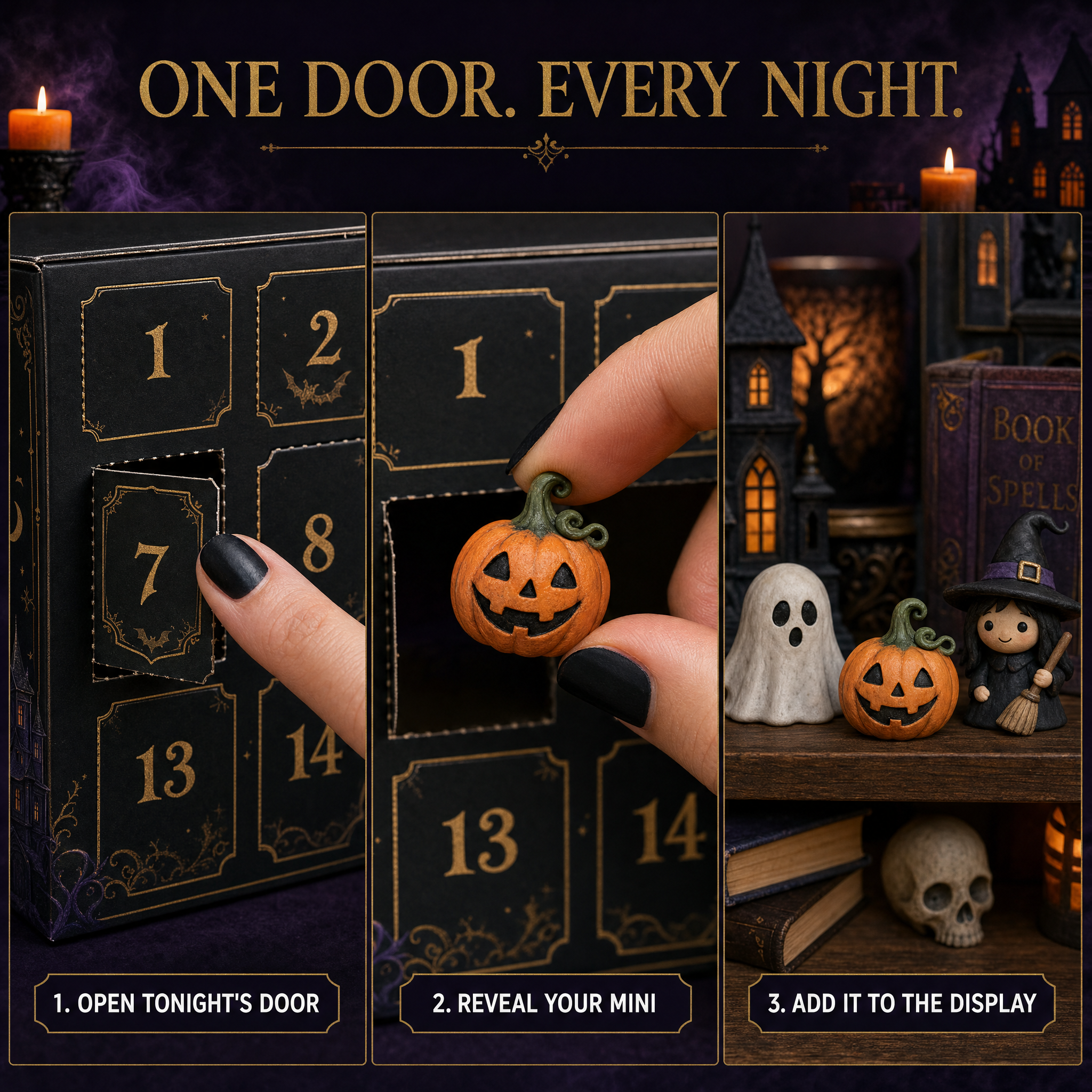 How it works – open tonight's door, reveal your mini, add it to the display